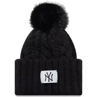 Black New York Yankees women's cable knit beanie with pom-pom and embroidered NY logo patch on the cuff.