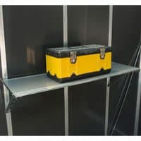 Metal Palram Canopia Yukon Shed Shelving with a yellow and black toolbox on a sturdy silver shelf.