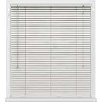 White horizontal window blinds with pull cords, set in a white frame.