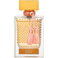 Rasasi Qasamat Morhaf Eau de Parfum, 65ml, clear bottle with gold lattice design and pink tassels, gold cap.