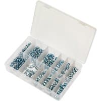 Clear plastic box with 115 assorted silver metric grease nipples in organized compartments.