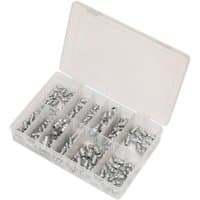 Clear plastic case with compartments holding assorted silver grease nipples in various sizes and shapes.