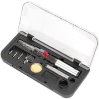 Black Sealey butane soldering kit with silver torch, red ignition button, and multiple tips in a clear-lid case.