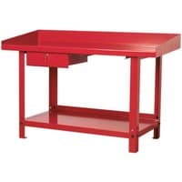 Red Sealey steel workbench with one drawer, 1.5m length, sturdy legs, and lower shelf.