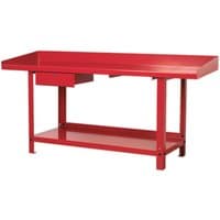 Red steel engineer's workbench with one drawer, raised edges, and lower shelf, 2 meters long.