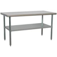 Stainless steel workbench with smooth top, sturdy legs, and lower shelf, measuring 1.2 meters by Sealey.