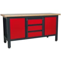 Red and black Sealey workstation with three central drawers and two side cupboards, wooden top.