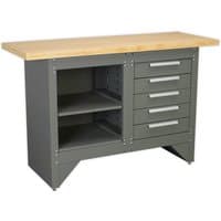 Sealey AP2030BB workbench with wooden top, five gray drawers, and open shelving on the left side.
