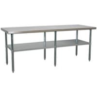 Stainless steel workbench with two-tier design, 2.1m length, sturdy legs, and lower shelf for storage.