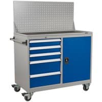 Blue and silver Sealey workstation with five drawers, one shelf, pegboard back, and caster wheels.