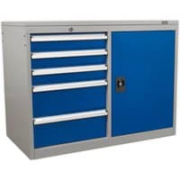 Gray and blue Sealey industrial cabinet with five drawers and one shelf, featuring a lockable door and metal handles.