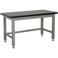 Steel industrial workbench with grey frame, black tabletop, and adjustable feet, measuring 1.5 meters.