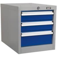 Sealey API16 triple drawer unit, gray with blue drawers, metal handles, and lock for API series workbenches.