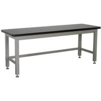 Steel industrial workbench with black top, grey frame, and adjustable feet, measuring 2.1 meters by Sealey.