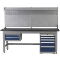 Industrial workstation with grey metal frame, black worktop, blue drawers, and perforated back panel for tool storage.