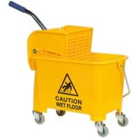 Yellow Sealey BM09 mop bucket 20L with wringer, caution wet floor sign, and four swivel casters.