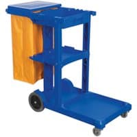 Blue janitorial trolley with two shelves, large yellow bag, and black wheels.