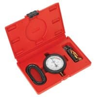Red Sealey catalytic converter back pressure test kit with gauge, hose, and fittings in a molded plastic case.