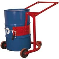 Red and blue Sealey DH02 205L mobile drum handler with two wheels and a handle for easy maneuvering.
