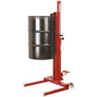 Red Sealey DH03 hydraulic drum loader with vertical lift, black drum holder, and white wheels.