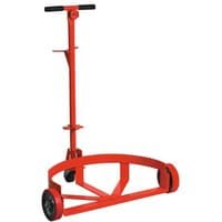 Red Sealey drum trolley with black handle, two wheels, and curved support frame for transporting barrels.