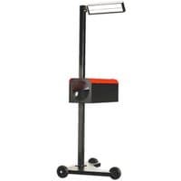 Sealey HBS2001 headlamp beam setter, black with red accents, vertical pole, rectangular light box, three wheels.