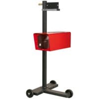 Red Sealey HBS2010 headlamp beam setter with black stand, adjustable arm, and two wheels for mobility.