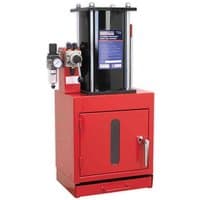 Red and black Sealey pneumatic paint can crusher with control panel and front door compartment.