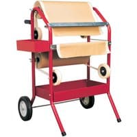 Red Sealey masking paper dispenser trolley with two 450mm rolls, side tray, and wheels for mobility.