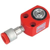 Red Sealey push ram with silver hydraulic fitting, compact design, and Sealey logo on the side.