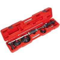 Red Sealey RE012 Air Suction Dent Puller with plunger, housed in a red plastic carrying case with multiple attachments.