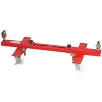 Red Sealey RE801 adjustable trolley with four swivel wheels and two clamps for vehicle transport.