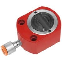 Red Sealey 20 Tonne Push Ram with circular metal top and side hydraulic connector.