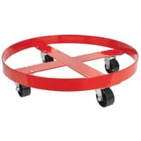 Red Sealey rimmed drum dolly with four black swivel casters and cross-brace design for 205-liter drums.