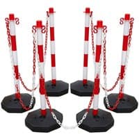 Red and white post and chain kit with six striped posts and black bases, connected by red and white chains.