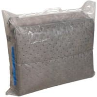 Clear plastic package containing grey absorbent pads for spill control, with a blue Sealey label.