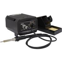 Black Sealey SD003 50W soldering station with adjustable dial, soldering iron, and sponge holder.