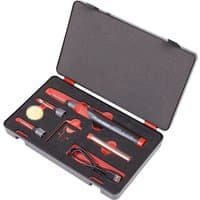 "Black and red Sealey rechargeable soldering iron kit in a case with accessories and USB charging cable"