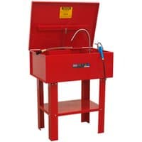 Red Sealey SM22 air-operated parts cleaning tank with open lid, flexible spout, and sturdy metal stand.