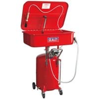 Red Sealey air-operated mobile parts cleaner with reservoir, featuring a lid, hose, and wheels for mobility.