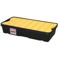 Black Sealey spill tray with yellow perforated platform, 30-liter capacity, rectangular shape with side handles.