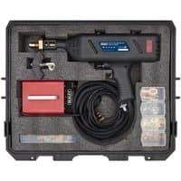 Sealey SR2000 Stud Welding Kit with black welding gun, red power unit, cables, and accessories in a foam-lined case.