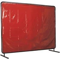 Red Sealey welding curtain on black metal frame, measuring 2.4 x 1.75m, designed for workshop safety compliance.