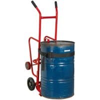 Red Sealey drum trolley with black wheels, handles, and strap, holding a blue 205L drum.