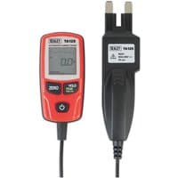 Red and black Sealey automotive current tester with digital display and attached black probe.