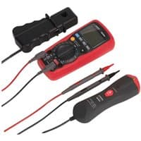 Red and black Sealey digital automotive analyser with LCD screen, rotary dial, probes, and inductive coupler.