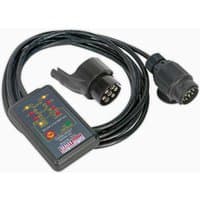 Black Sealey 13-pin towing socket tester with cable, LED indicators, and VOSA approval label.
