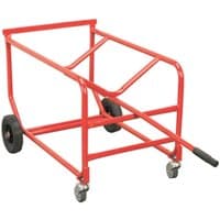 Red Sealey TP112 wheeled drum stillage with metal frame, two large rear wheels, and two front swivel casters.