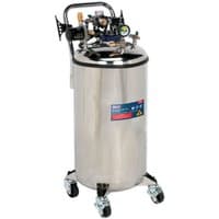 Stainless steel Sealey TP201 90L fuel tank drainer with pressure gauge, hose, and caster wheels.