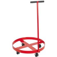 Red Sealey TP205H drum dolly with handle, circular base, four caster wheels, and cross-brace support.